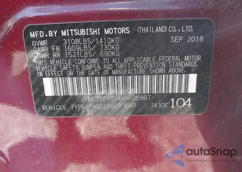 2019 Mitsubishi Mirage G4 Es из США, поврежденный, VIN ML32F3FJ4KHF00987